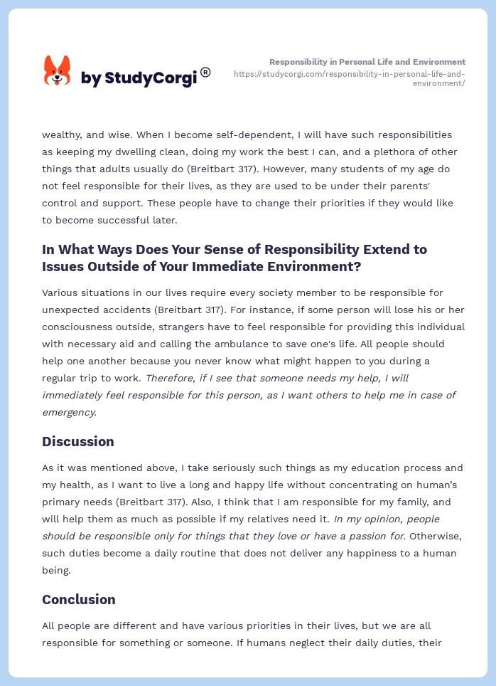 Responsibility in Personal Life and Environment. Page 2