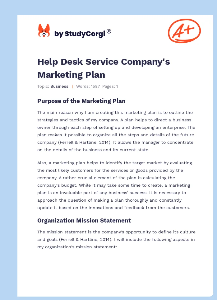 Help Desk Service Company's Marketing Plan. Page 1