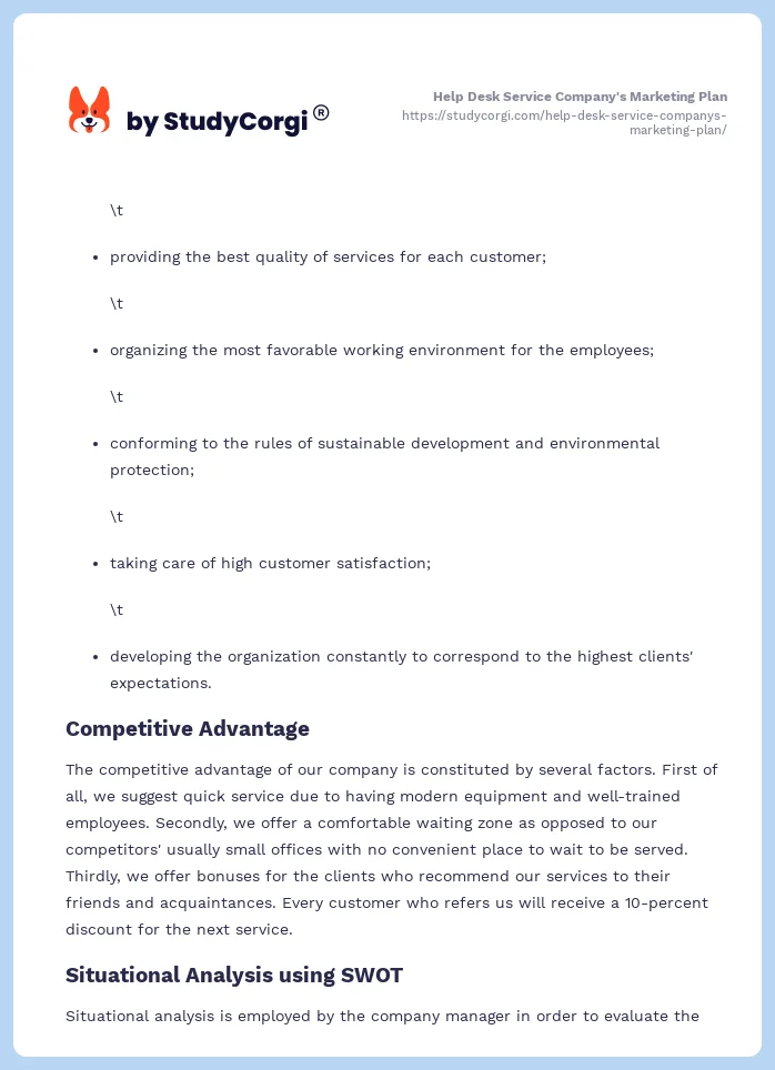 Help Desk Service Company's Marketing Plan. Page 2