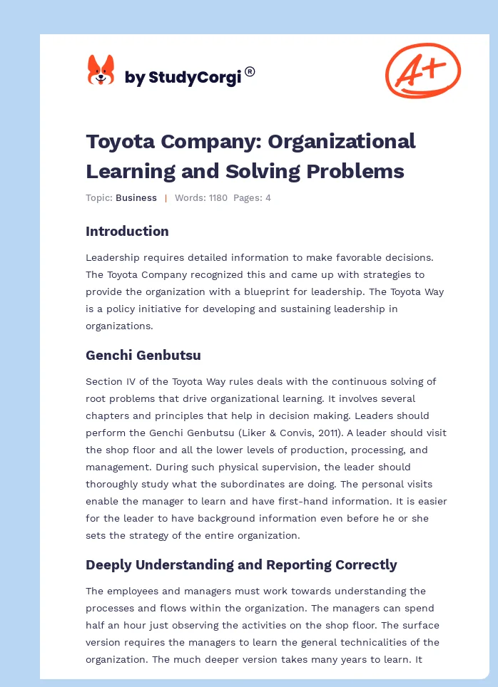 Toyota Company: Organizational Learning and Solving Problems. Page 1