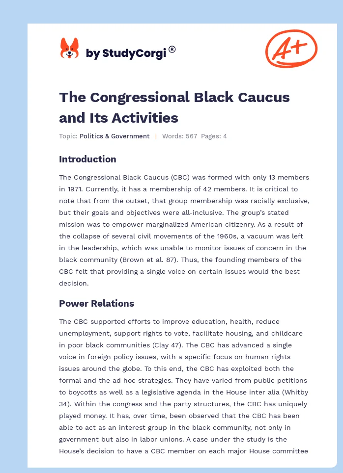 The Congressional Black Caucus and Its Activities. Page 1