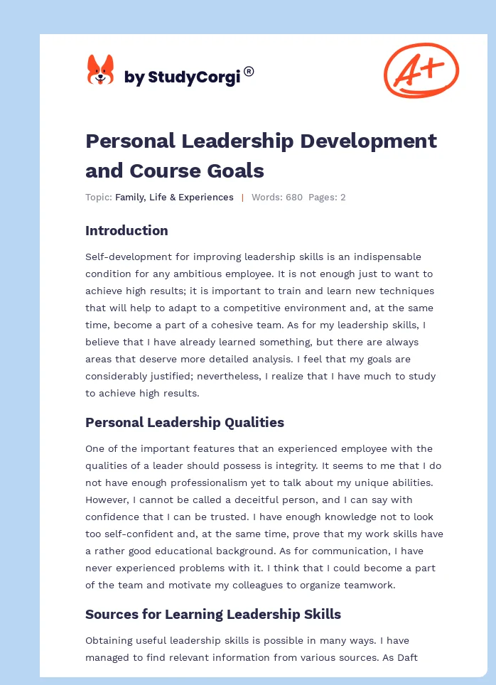 Personal Leadership Development and Course Goals. Page 1