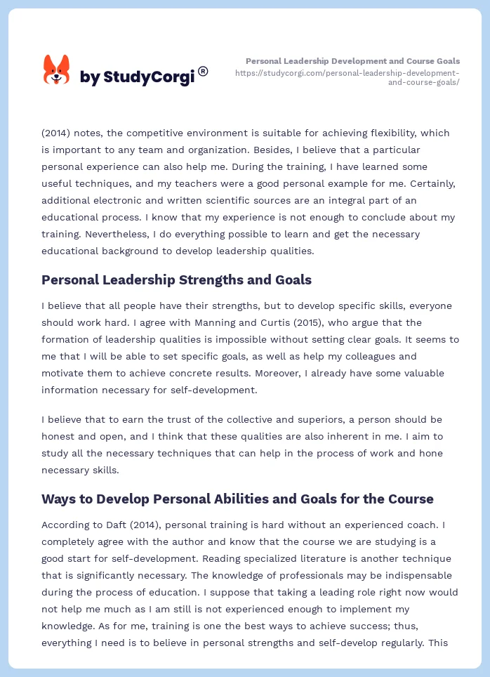 Personal Leadership Development and Course Goals. Page 2
