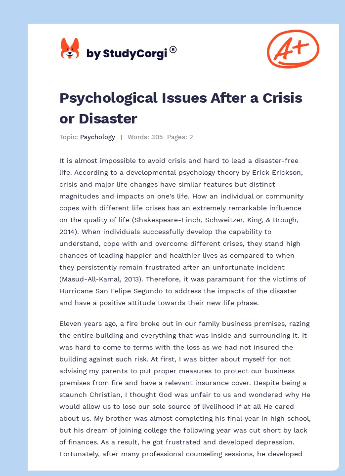 Psychological Issues After a Crisis or Disaster. Page 1