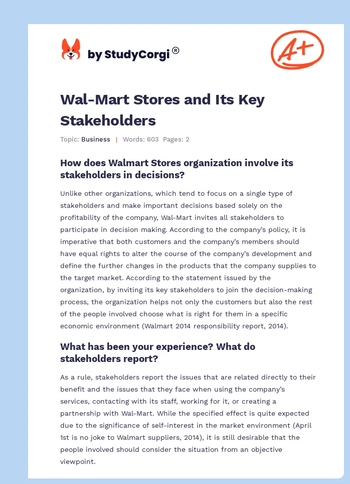Wal-Mart Stores and Its Key Stakeholders. Page 1
