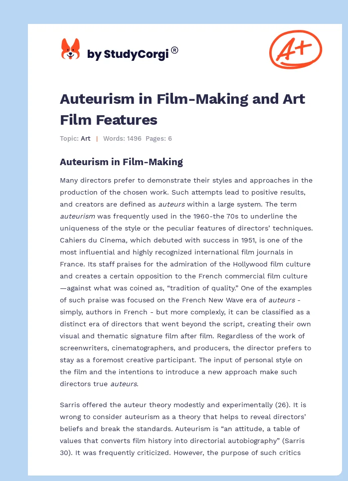 Auteurism in Film-Making and Art Film Features. Page 1