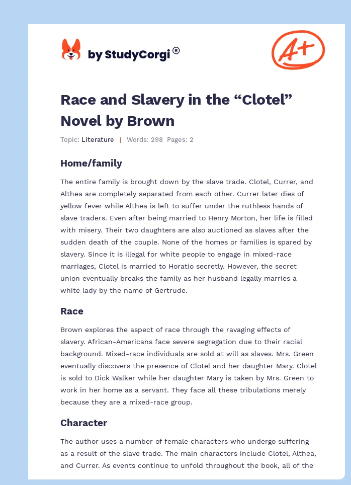 Race and Slavery in the “Clotel” Novel by Brown. Page 1