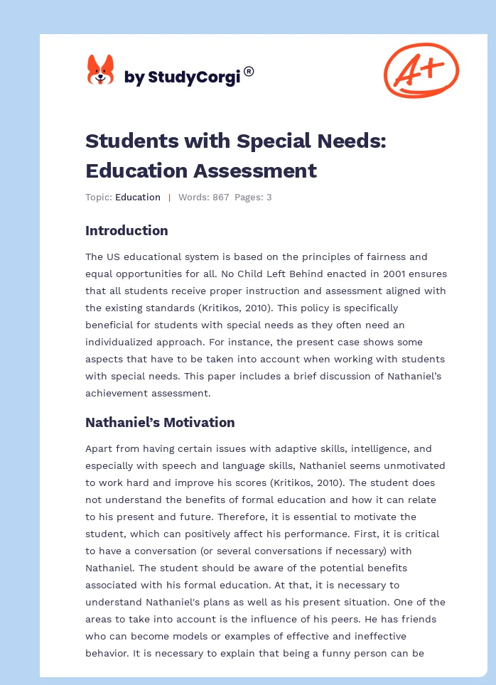 Students with Special Needs: Education Assessment. Page 1