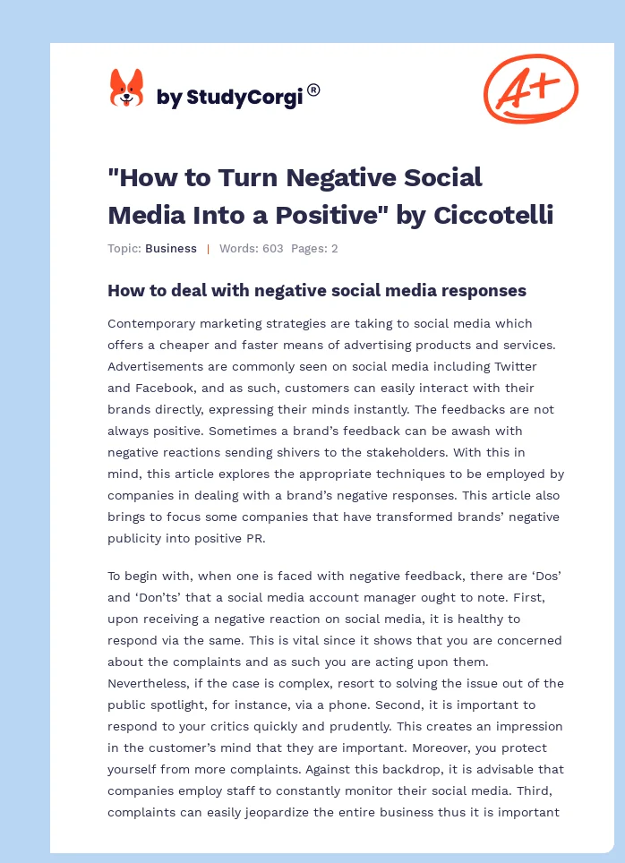 "How to Turn Negative Social Media Into a Positive" by Ciccotelli. Page 1