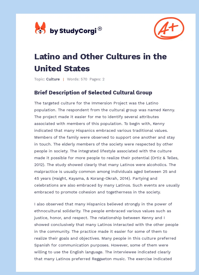Latino and Other Cultures in the United States. Page 1