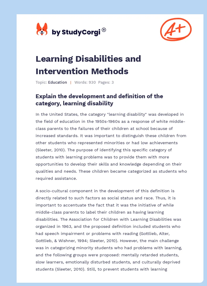 Learning Disabilities and Intervention Methods. Page 1