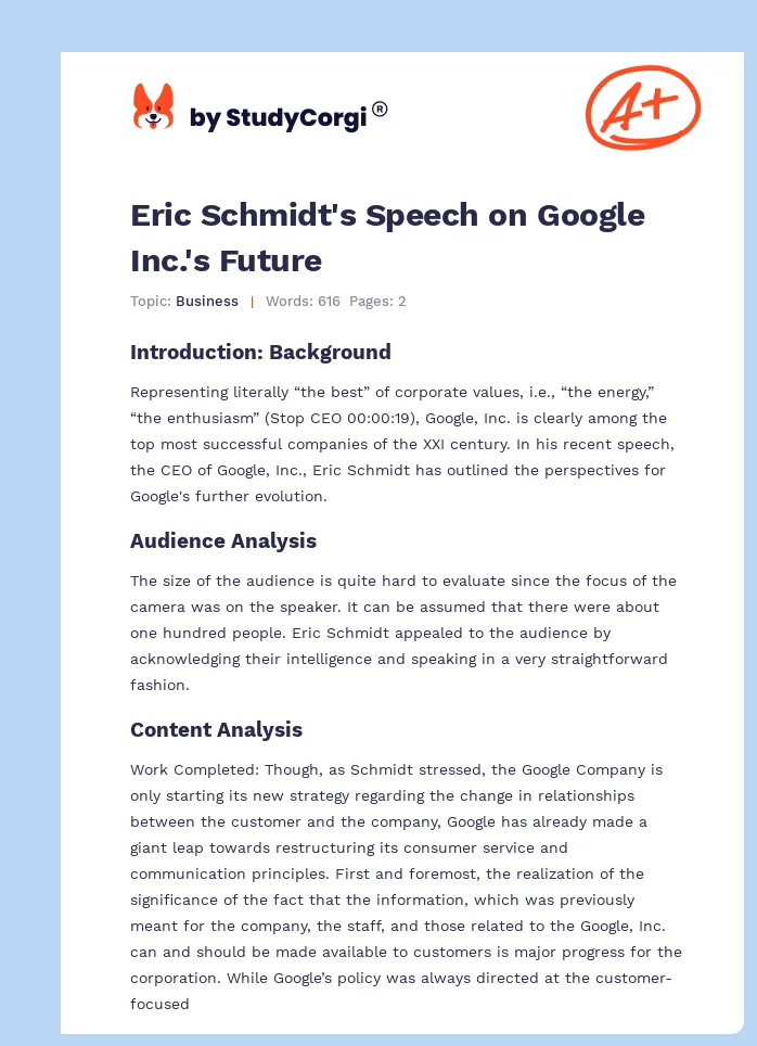 Eric Schmidt's Speech on Google Inc.'s Future. Page 1