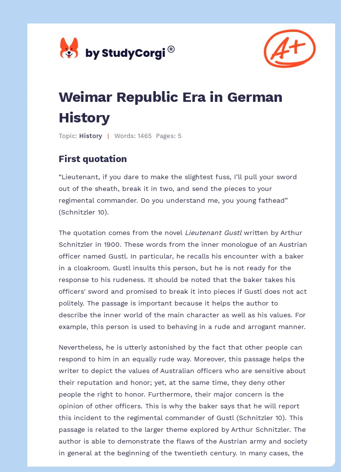 Weimar Republic Era in German History. Page 1