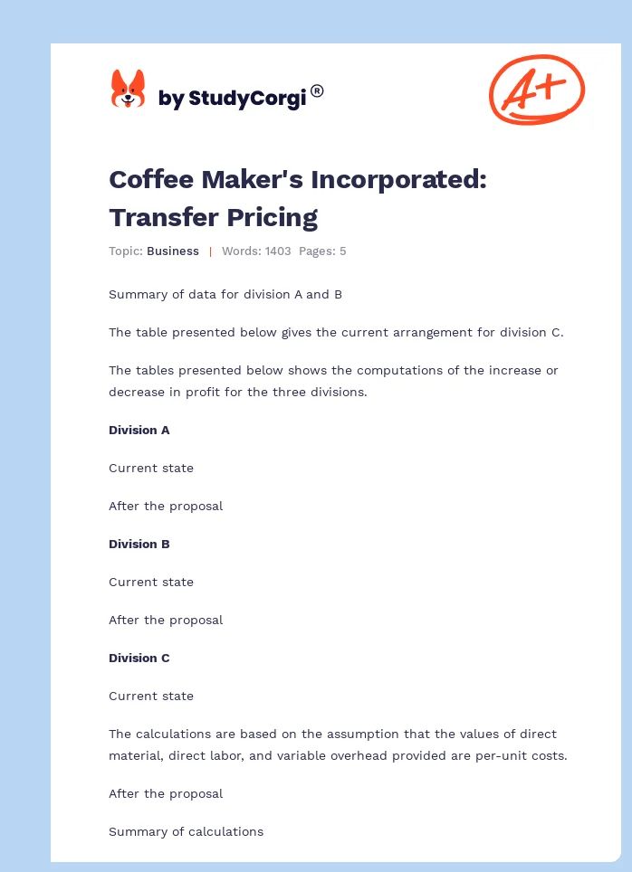 Coffee Maker's Incorporated: Transfer Pricing. Page 1