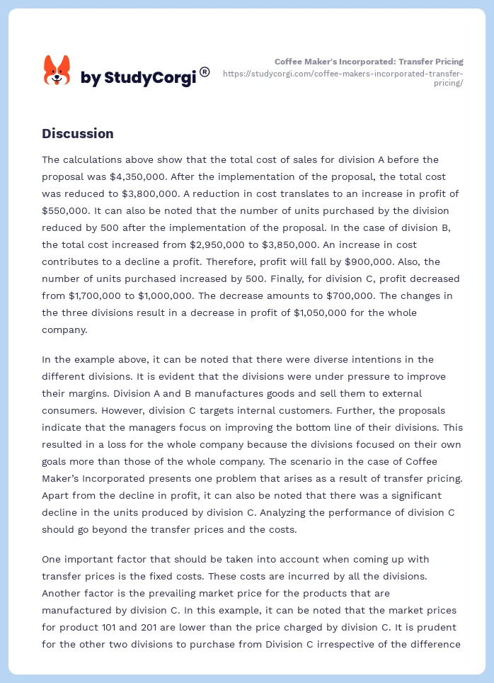 Coffee Maker's Incorporated: Transfer Pricing. Page 2