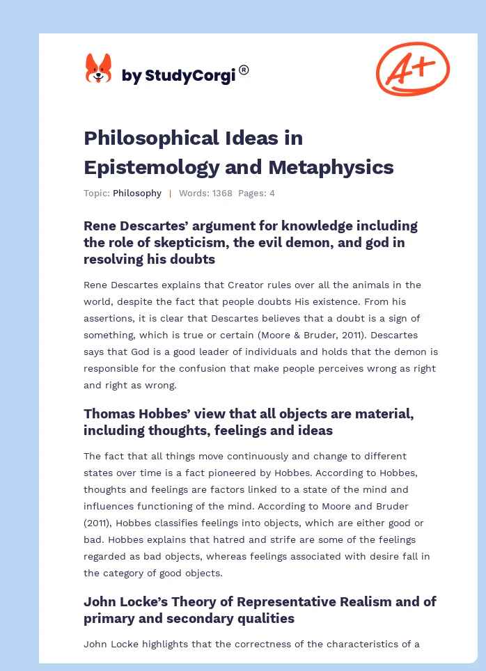 Philosophical Ideas in Epistemology and Metaphysics. Page 1