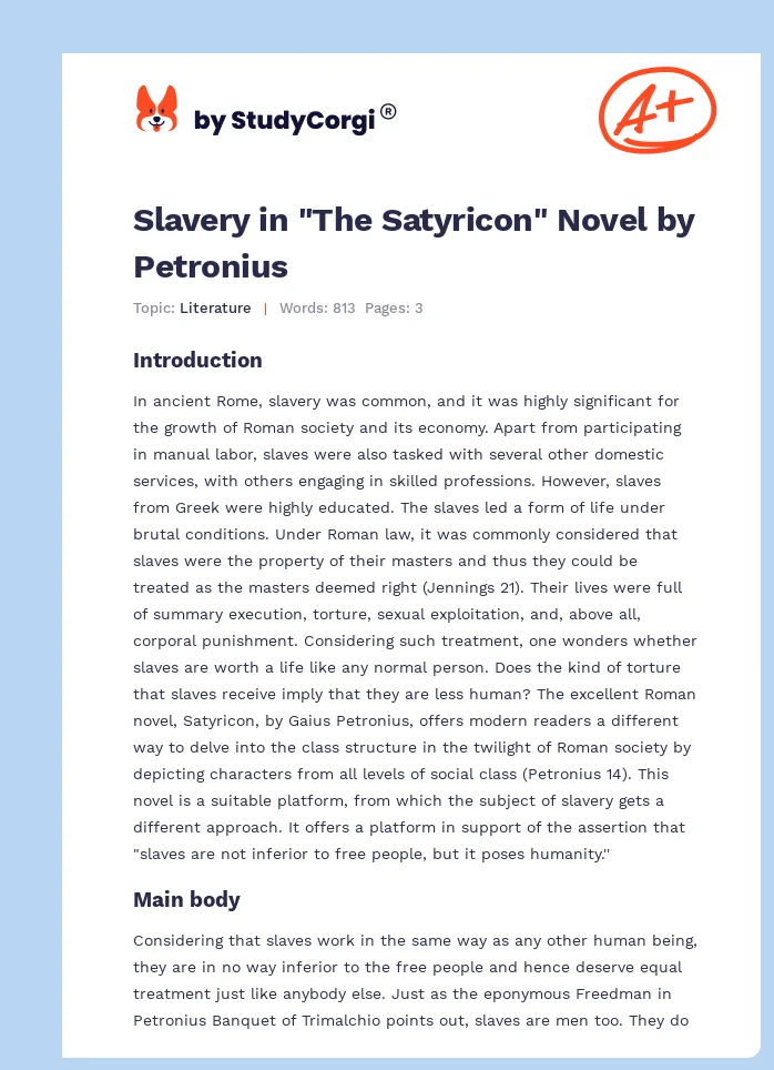 Slavery in "The Satyricon" Novel by Petronius. Page 1