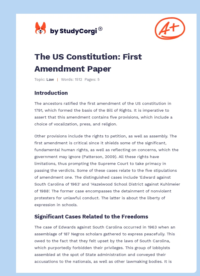 The US Constitution: First Amendment Paper. Page 1