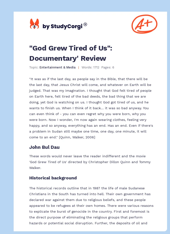 "God Grew Tired of Us": Documentary' Review. Page 1