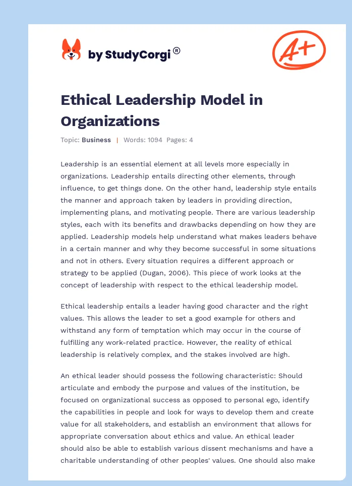 Ethical Leadership Model in Organizations. Page 1