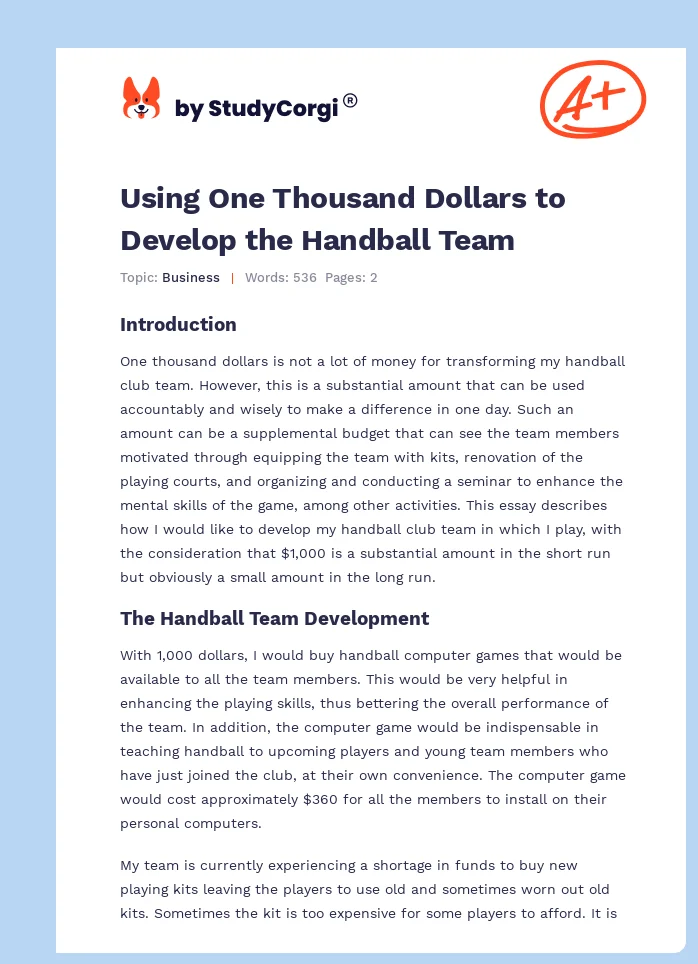 Using One Thousand Dollars to Develop the Handball Team. Page 1