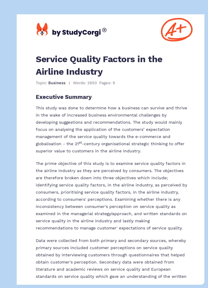 Service Quality Factors in the Airline Industry. Page 1