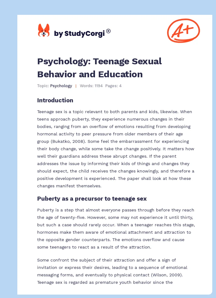 Psychology: Teenage Sexual Behavior and Education. Page 1
