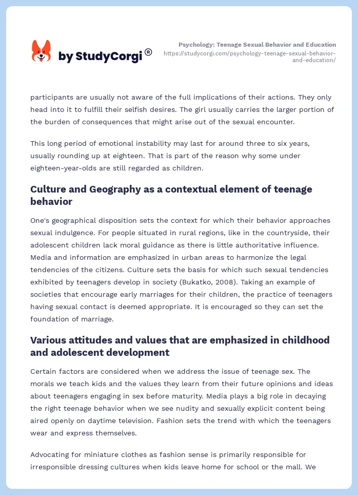 Psychology: Teenage Sexual Behavior and Education. Page 2
