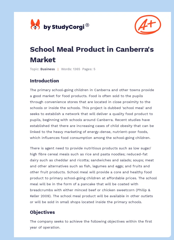 School Meal Product in Canberra's Market. Page 1