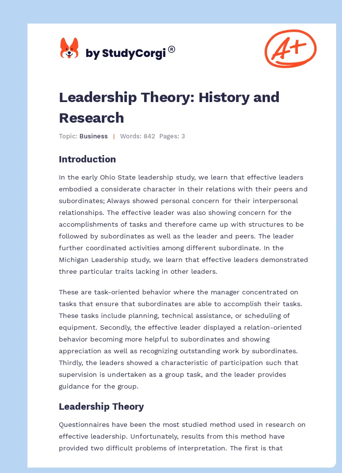 Leadership Theory: History and Research. Page 1