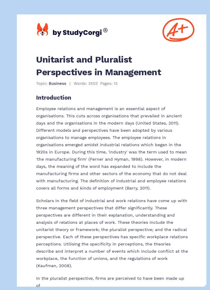 Unitarist and Pluralist Perspectives in Management. Page 1