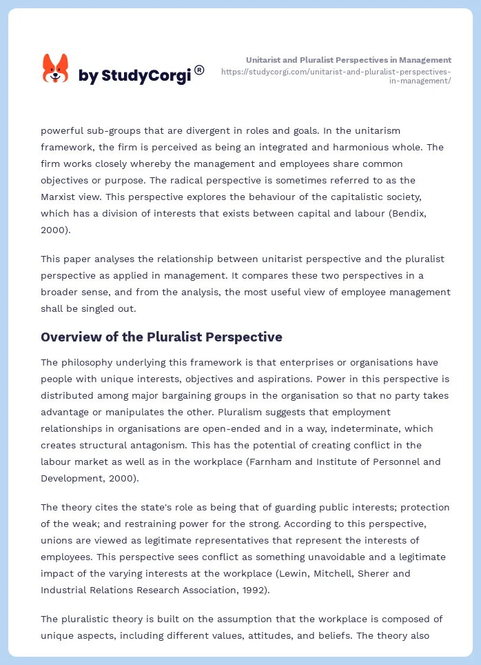 Unitarist and Pluralist Perspectives in Management. Page 2