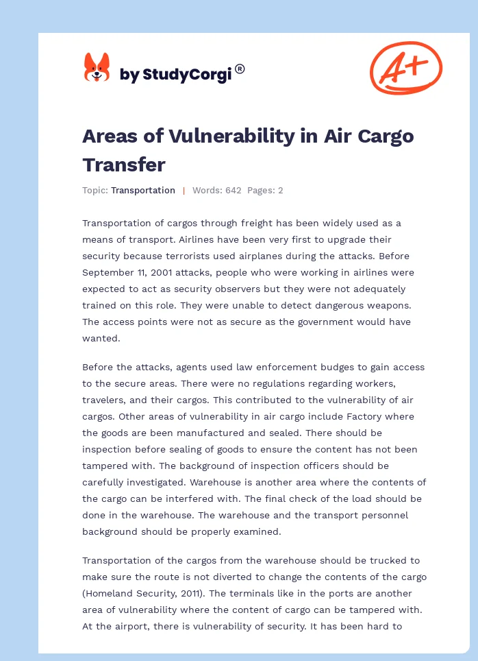 Areas of Vulnerability in Air Cargo Transfer. Page 1