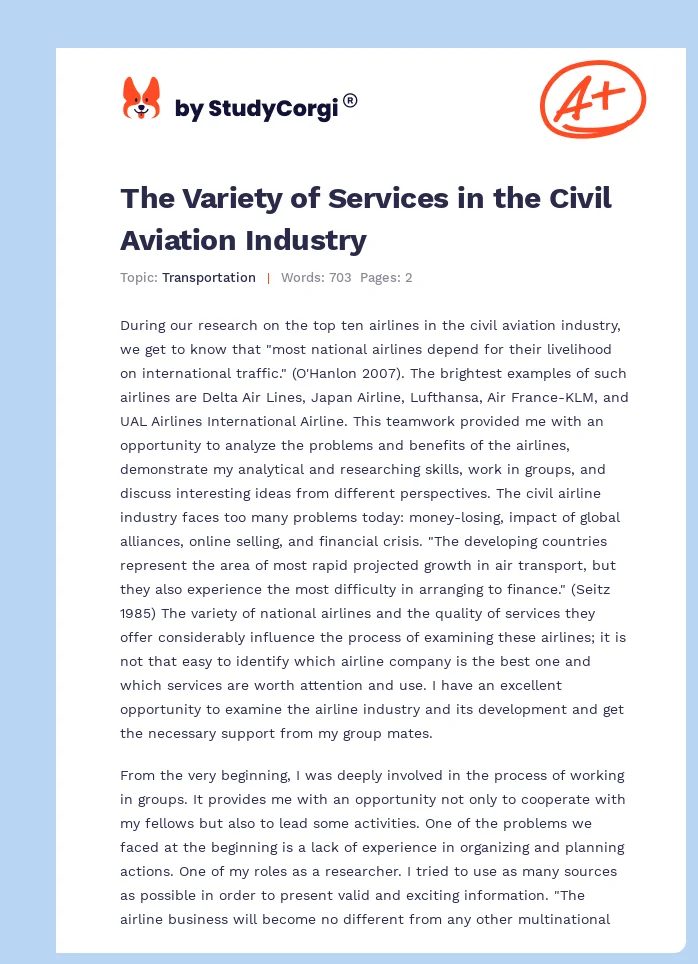 The Variety of Services in the Civil Aviation Industry. Page 1