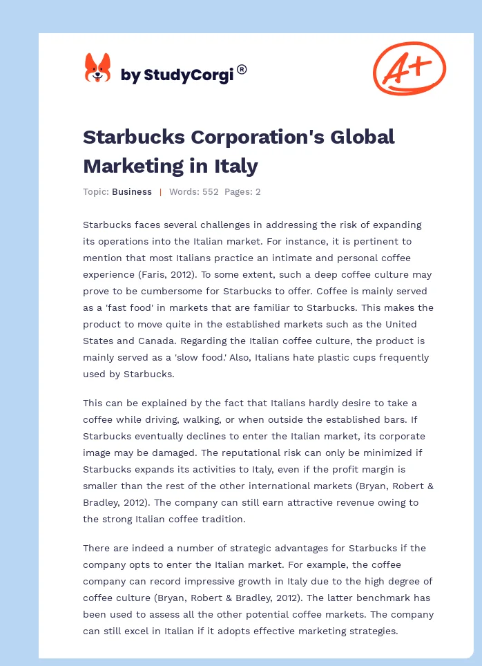 Starbucks Corporation's Global Marketing in Italy. Page 1