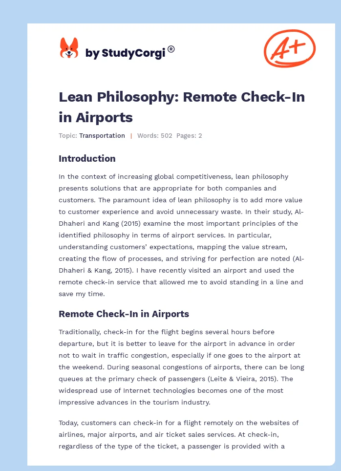 Lean Philosophy: Remote Check-In in Airports. Page 1