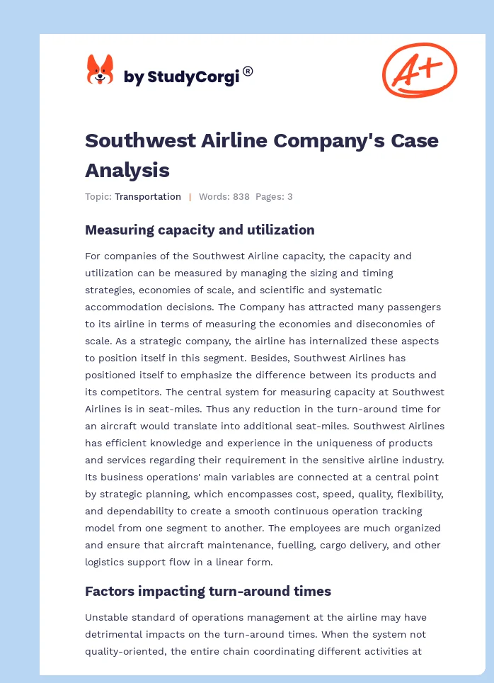 Southwest Airline Company's Case Analysis. Page 1