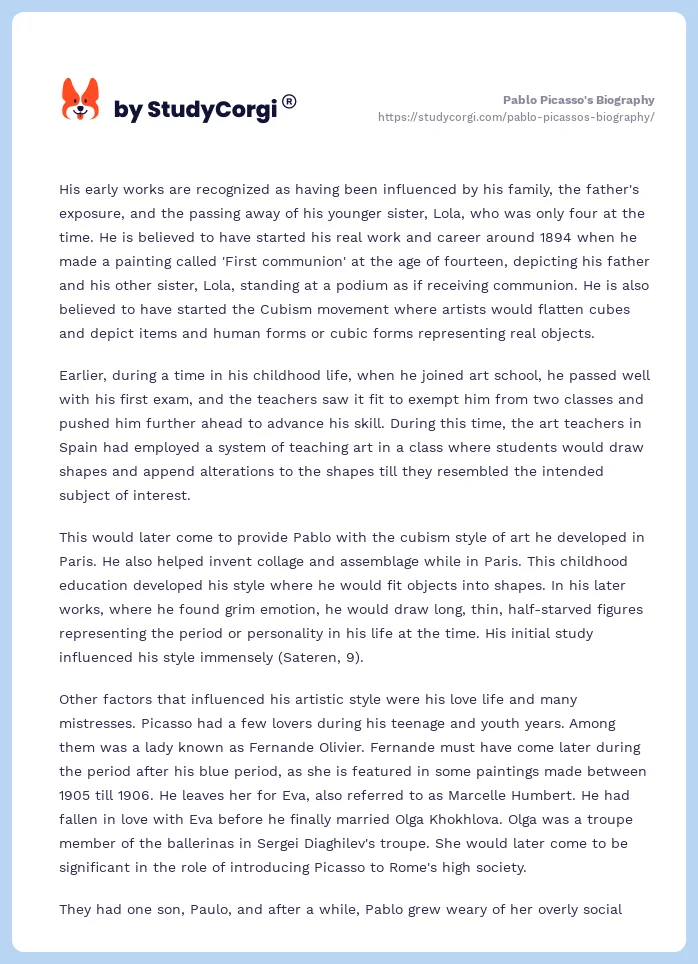Pablo Picasso's Biography. Page 2