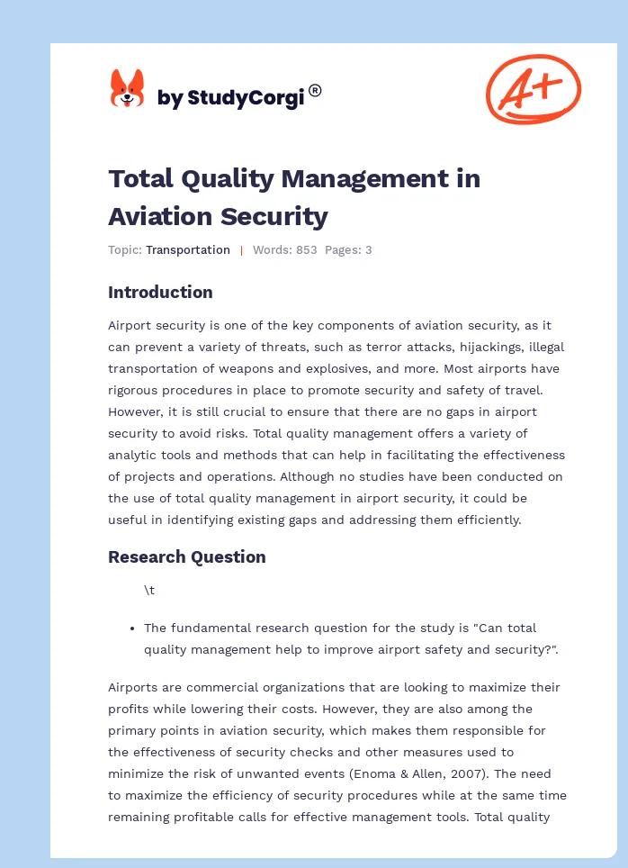 Total Quality Management in Aviation Security. Page 1