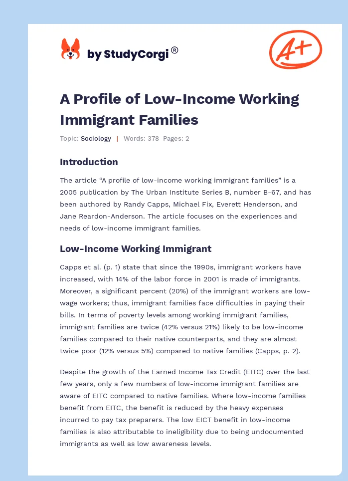 A Profile of Low-Income Working Immigrant Families. Page 1