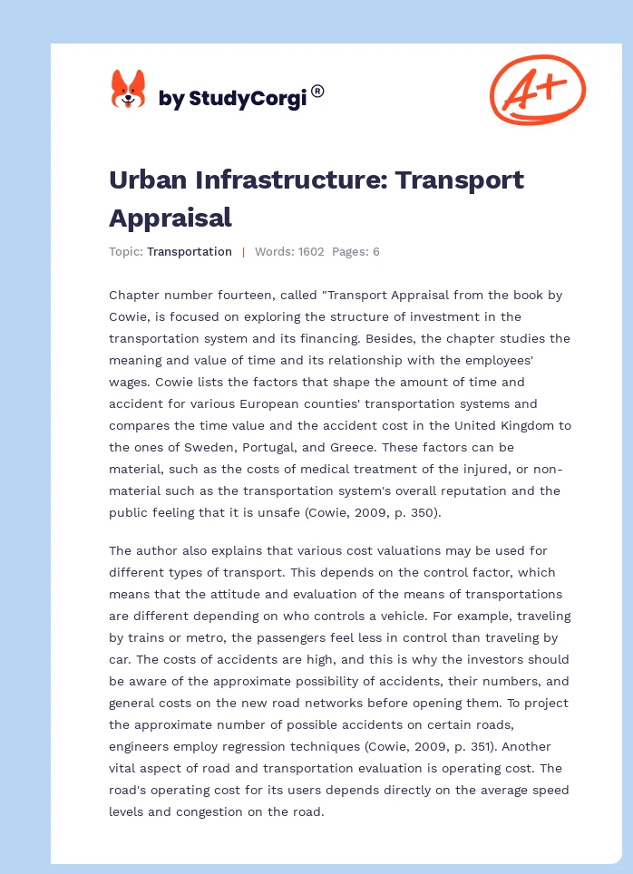 Urban Infrastructure: Transport Appraisal. Page 1