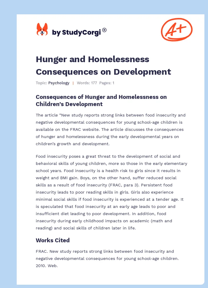 Hunger and Homelessness Consequences on Development. Page 1