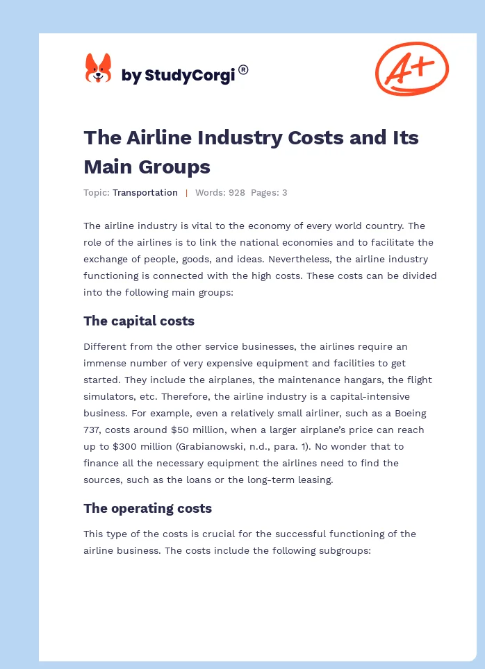 The Airline Industry Costs and Its Main Groups. Page 1