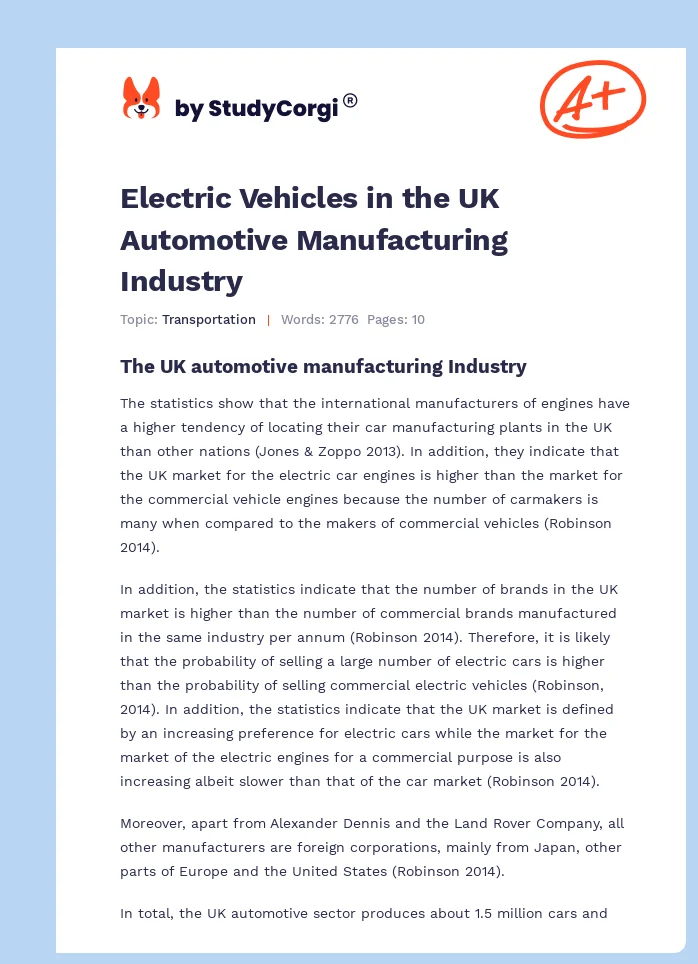 Electric Vehicles in the UK Automotive Manufacturing Industry. Page 1