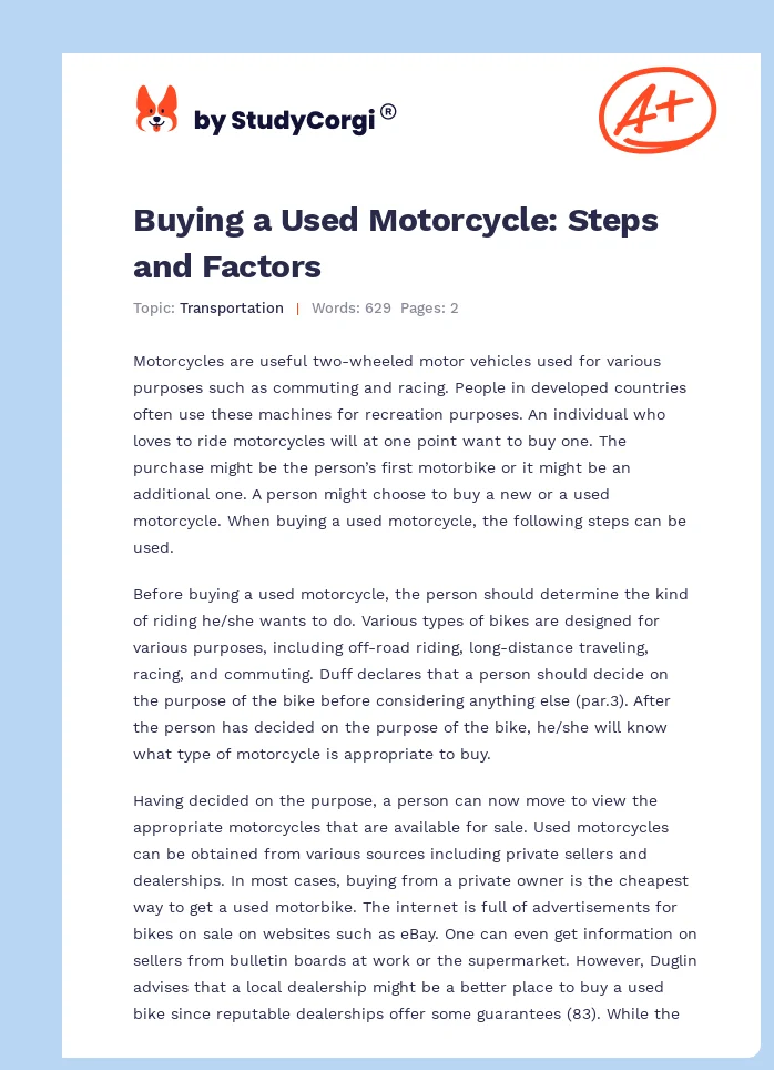 Buying a Used Motorcycle: Steps and Factors. Page 1