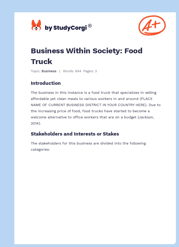 Business Within Society: Food Truck. Page 1