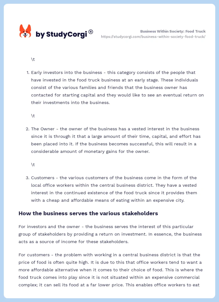 Business Within Society: Food Truck. Page 2