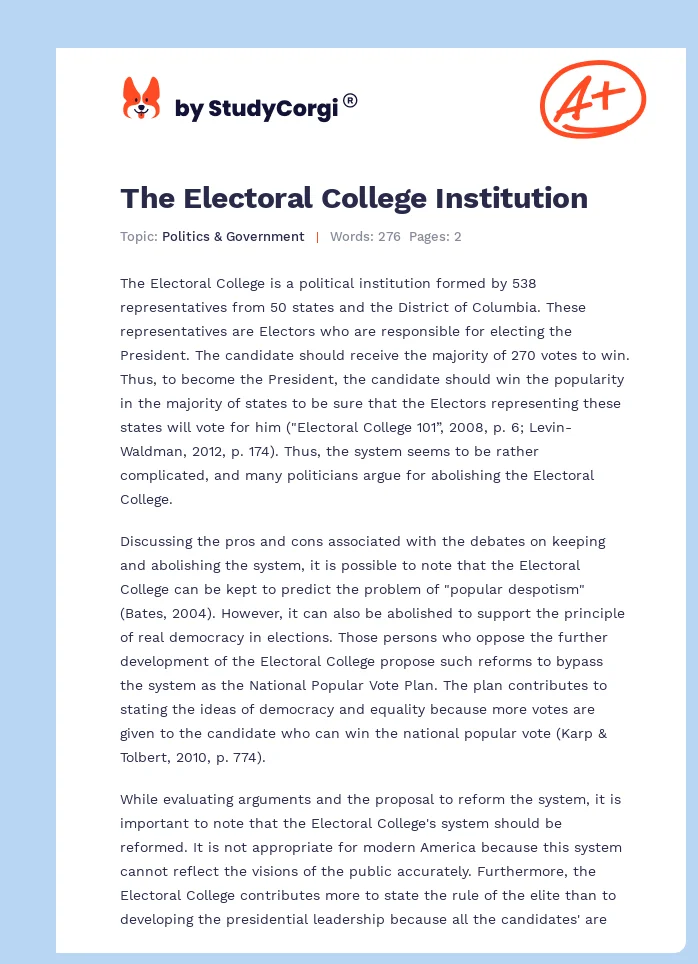 The Electoral College Institution. Page 1