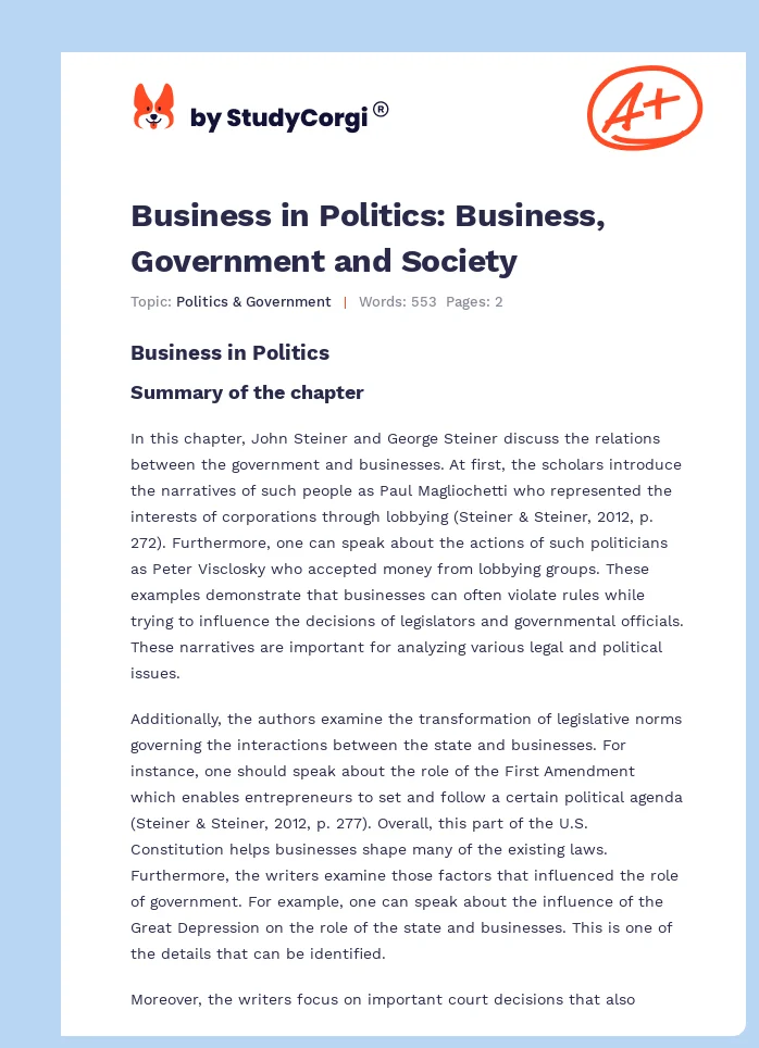 Business in Politics: Business, Government and Society. Page 1