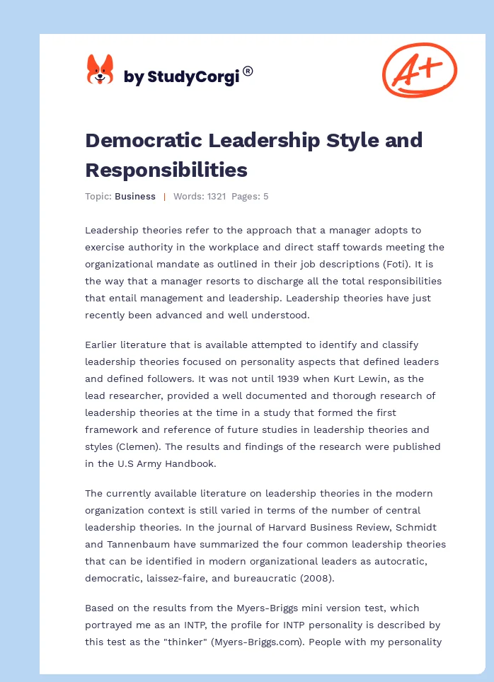 Democratic Leadership Style and Responsibilities. Page 1